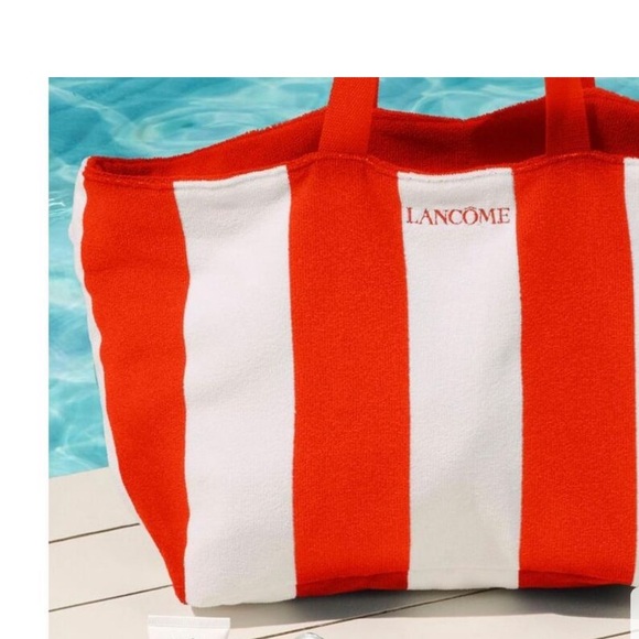 Lancôme Beach Towel Tote Bag Orange And White - 15”x13”x7”- New In Package - Picture 2 of 7
